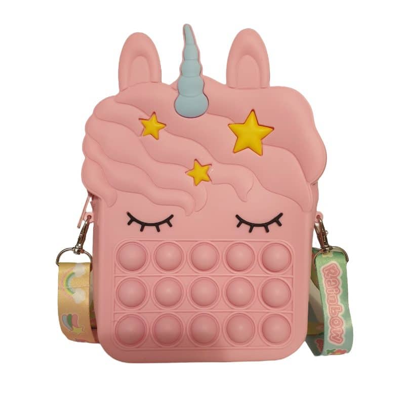 Jucarie Interactiva Antistres Tip Gentuta de Umar Pop IT NOW din Silicon, Cu Fermoar si Curea, Unicorn Patrat XXL, 16x22.5x5.5 cm, Roz, + 3 Ani - LUDIRO