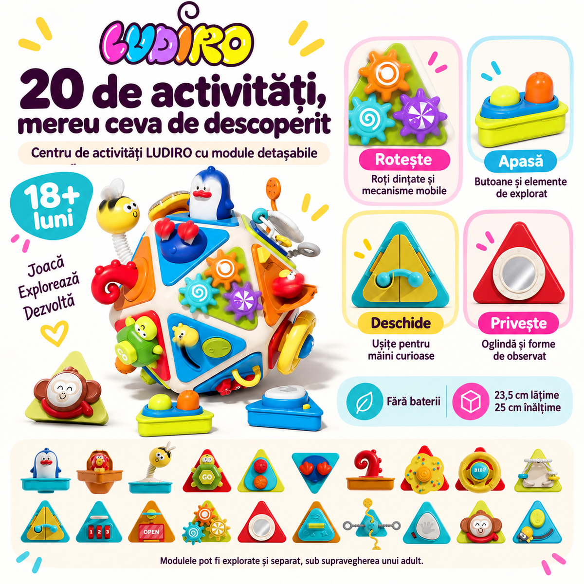 Centru de activități LUDIRO 20 în 1 – module detașabile, mecanisme, dimensiuni și vârsta 18+ luni