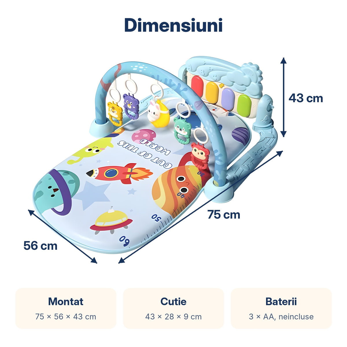 Dimensiunile centrului de activități albastru: 75 x 56 x 43 cm montat și cutie de 43 x 28 x 9 cm