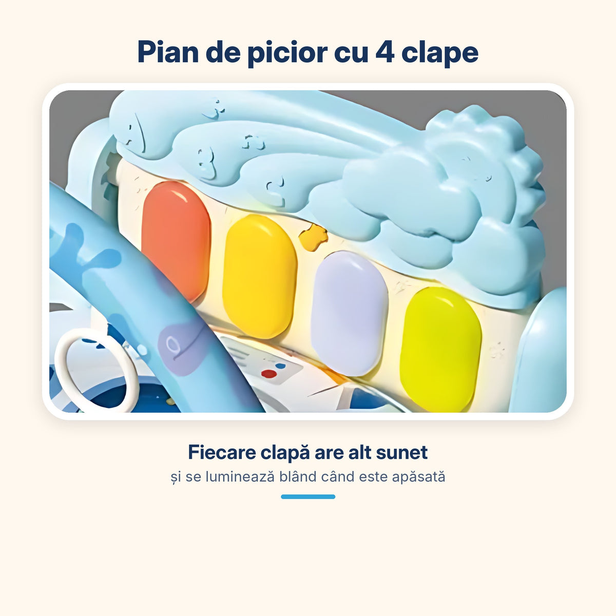 Pianul albastru de picior cu 4 clape colorate care se luminează blând și scot sunete diferite