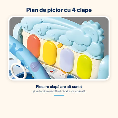 Pianul albastru de picior cu 4 clape colorate care se luminează blând și scot sunete diferite