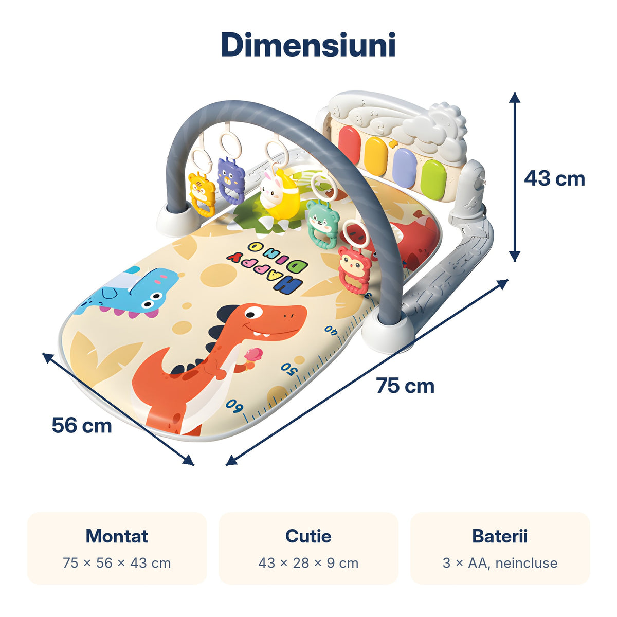Dimensiunile centrului de activități: 75 x 56 x 43 cm montat și cutie de 43 x 28 x 9 cm