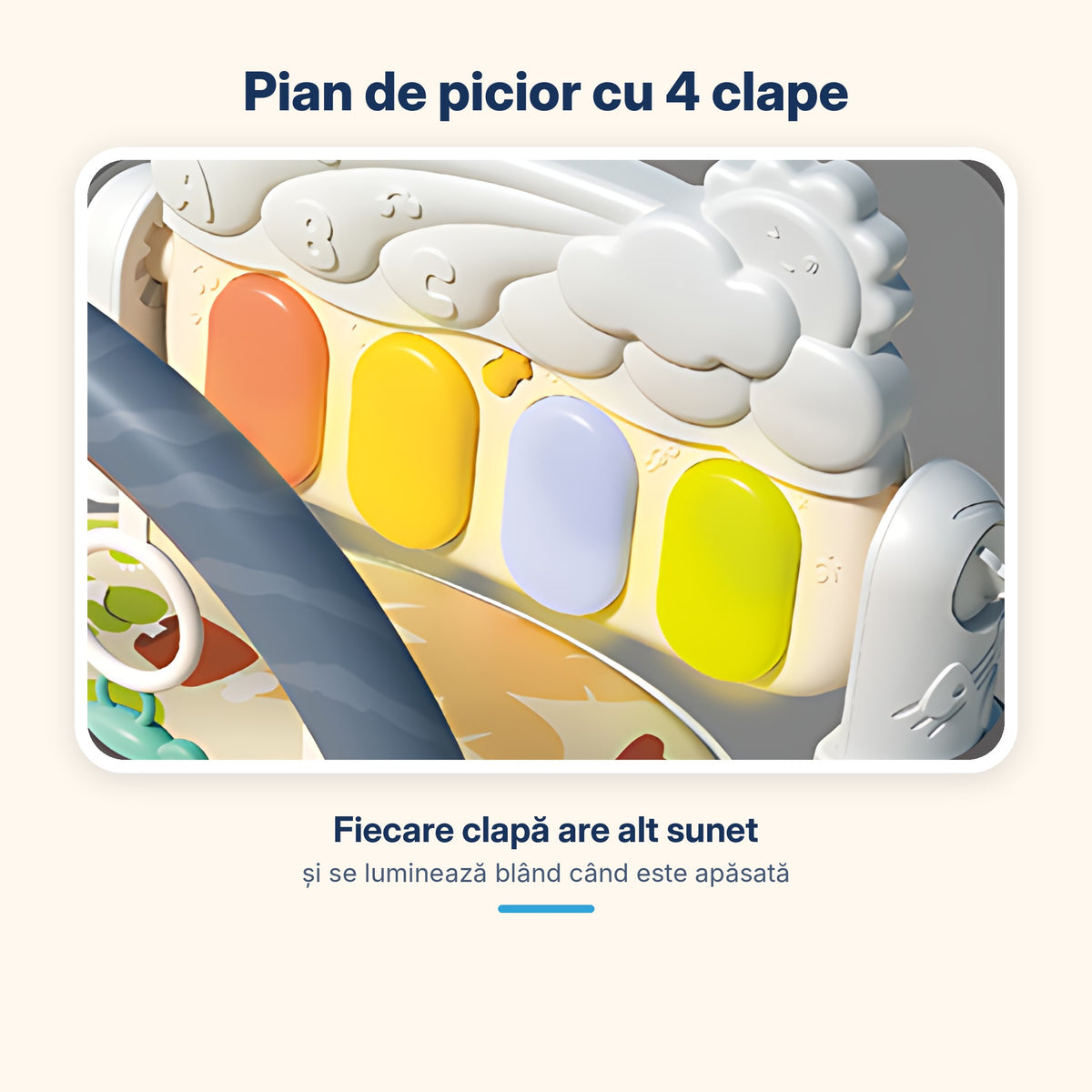 Pianul de picior cu 4 clape colorate care se luminează blând și scot sunete diferite