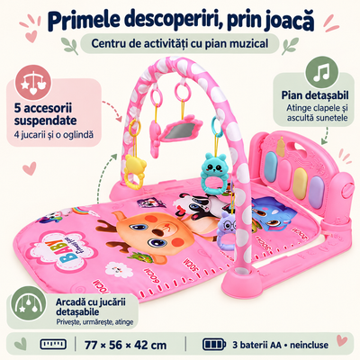 Caracteristicile centrului de activități roz LUDIRO: pian detașabil, cinci accesorii și dimensiuni