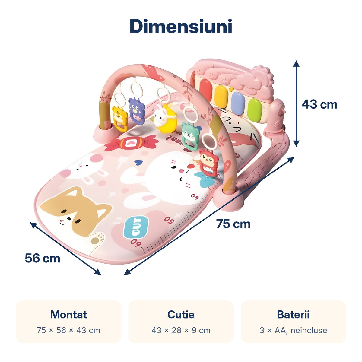 Dimensiunile centrului de activități roz: 75 x 56 x 43 cm montat și cutie de 43 x 28 x 9 cm