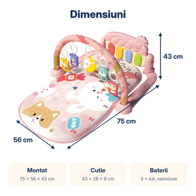 Dimensiunile centrului de activități roz: 75 x 56 x 43 cm montat și cutie de 43 x 28 x 9 cm