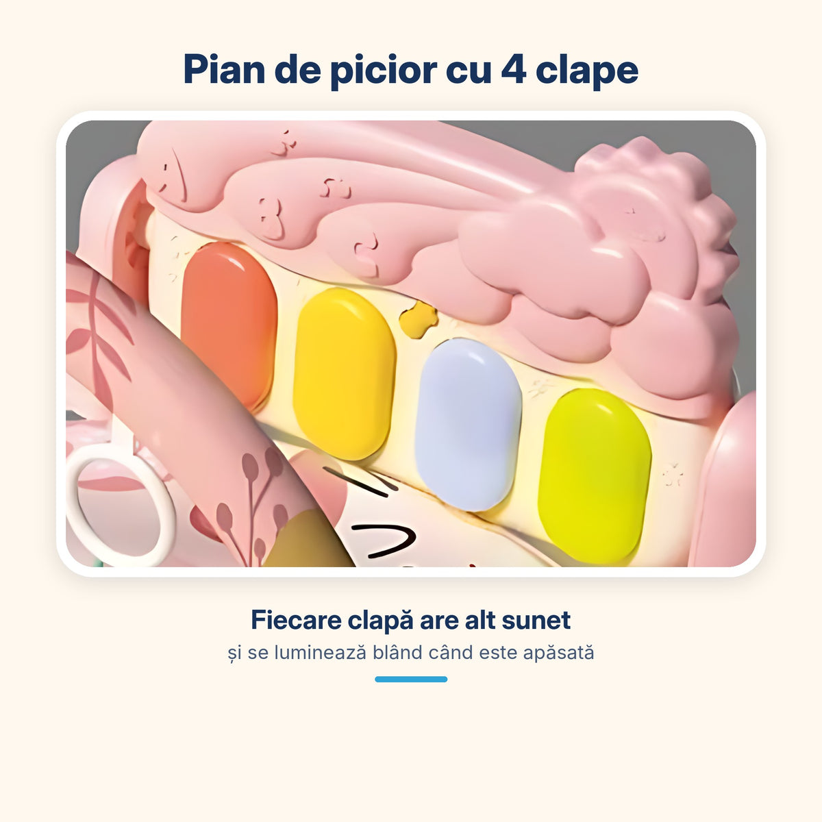 Pianul roz de picior cu 4 clape colorate care se luminează blând și scot sunete diferite