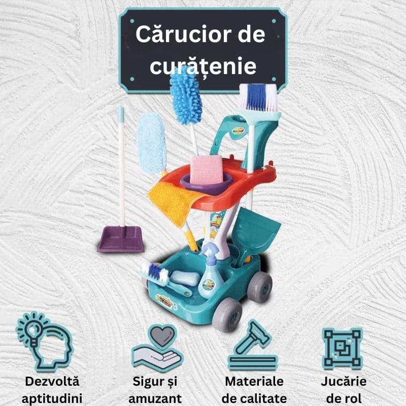 Set de Curatenie pentru Copii, Carucior cu 22 Accesorii, Ideal pentru Imitarea Parintilor si Invatarea Responsabilitatii, Set Complet cu Perii, Matura, Mop si Pulverizator, + 3 Ani - LUDIRO