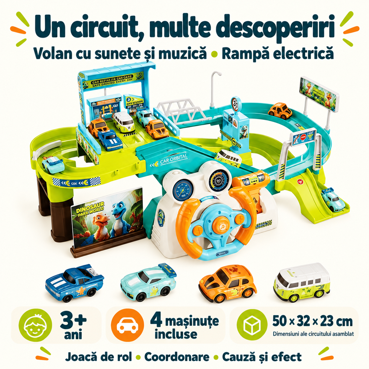 Caracteristicile circuitului auto Dino: volan cu sunete și muzică, rampă electrică, 4 mașinuțe, 3+ ani și dimensiuni de 50 × 32 × 23 cm.