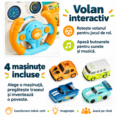 Volan interactiv cu sunete și muzică și cele 4 mașinuțe incluse în circuitul auto Dino, cu explicații în limba română.