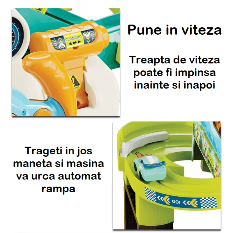 Ilustrații pentru acționarea manetei și urcarea automată a mașinuței pe rampa circuitului.