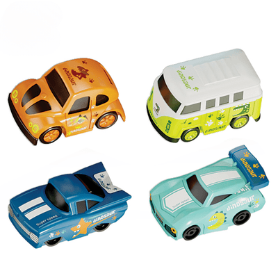 Cele patru mașinuțe incluse: camionetă albastră, mașină sport turcoaz, mașină portocalie și microbuz alb-verde.