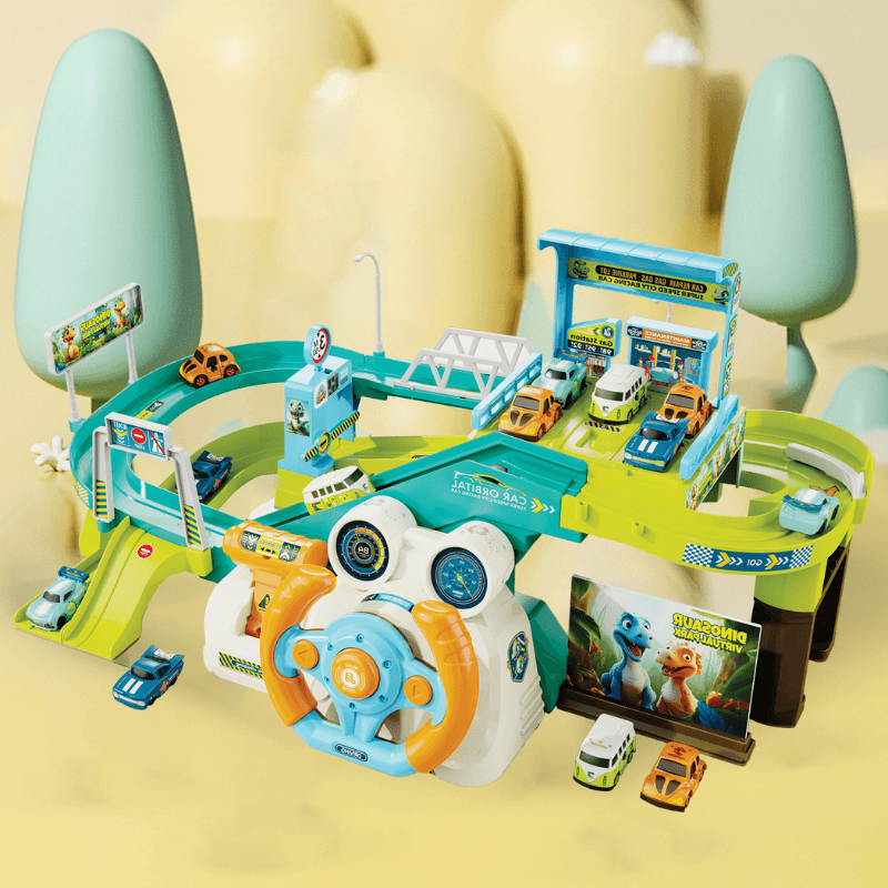 Circuit auto Dino cu piste pe niveluri, parcare și simulator cu volan, într-un decor pastel.
