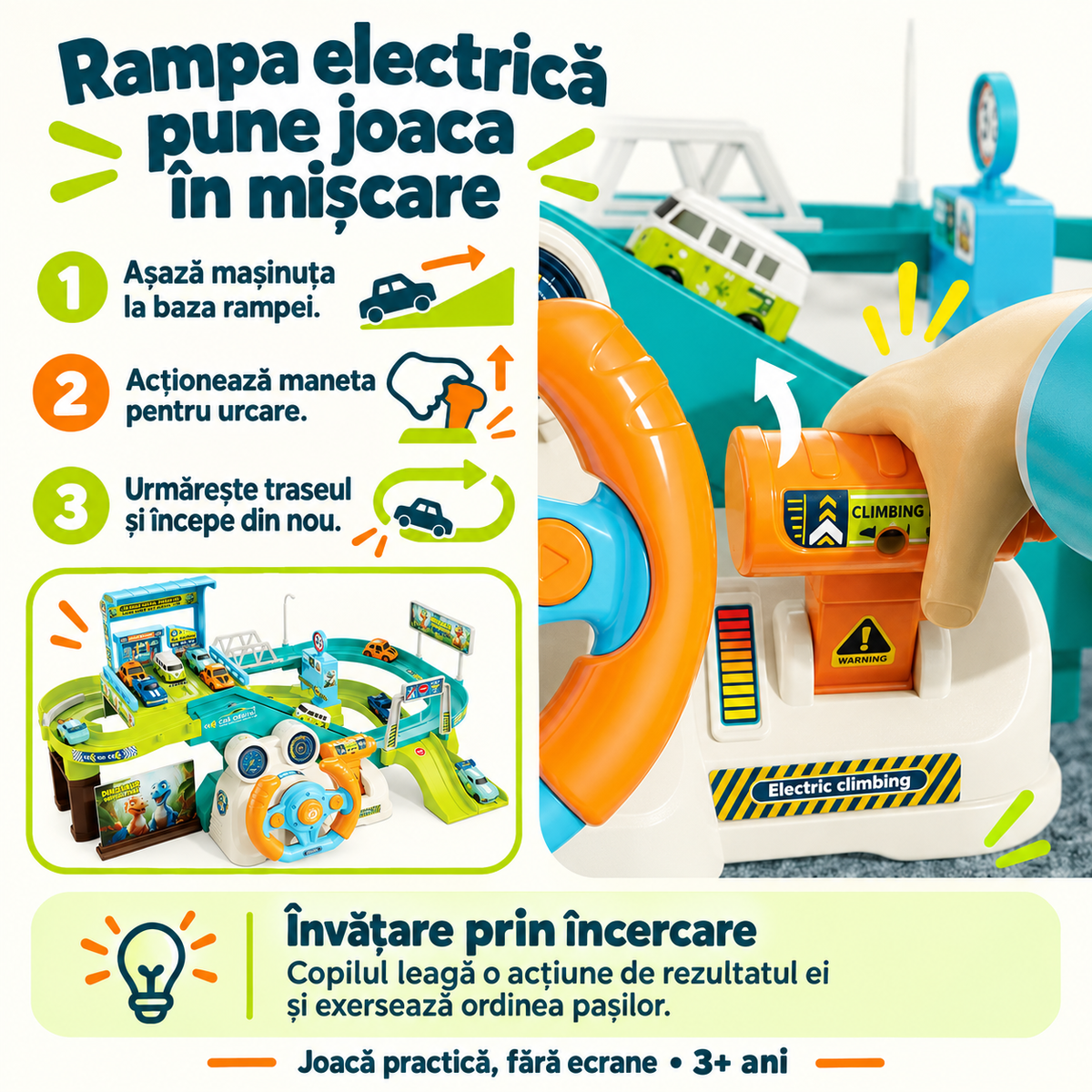 Cum se folosește rampa electrică a circuitului auto Dino: așază mașinuța, acționează maneta și urmărește traseul.