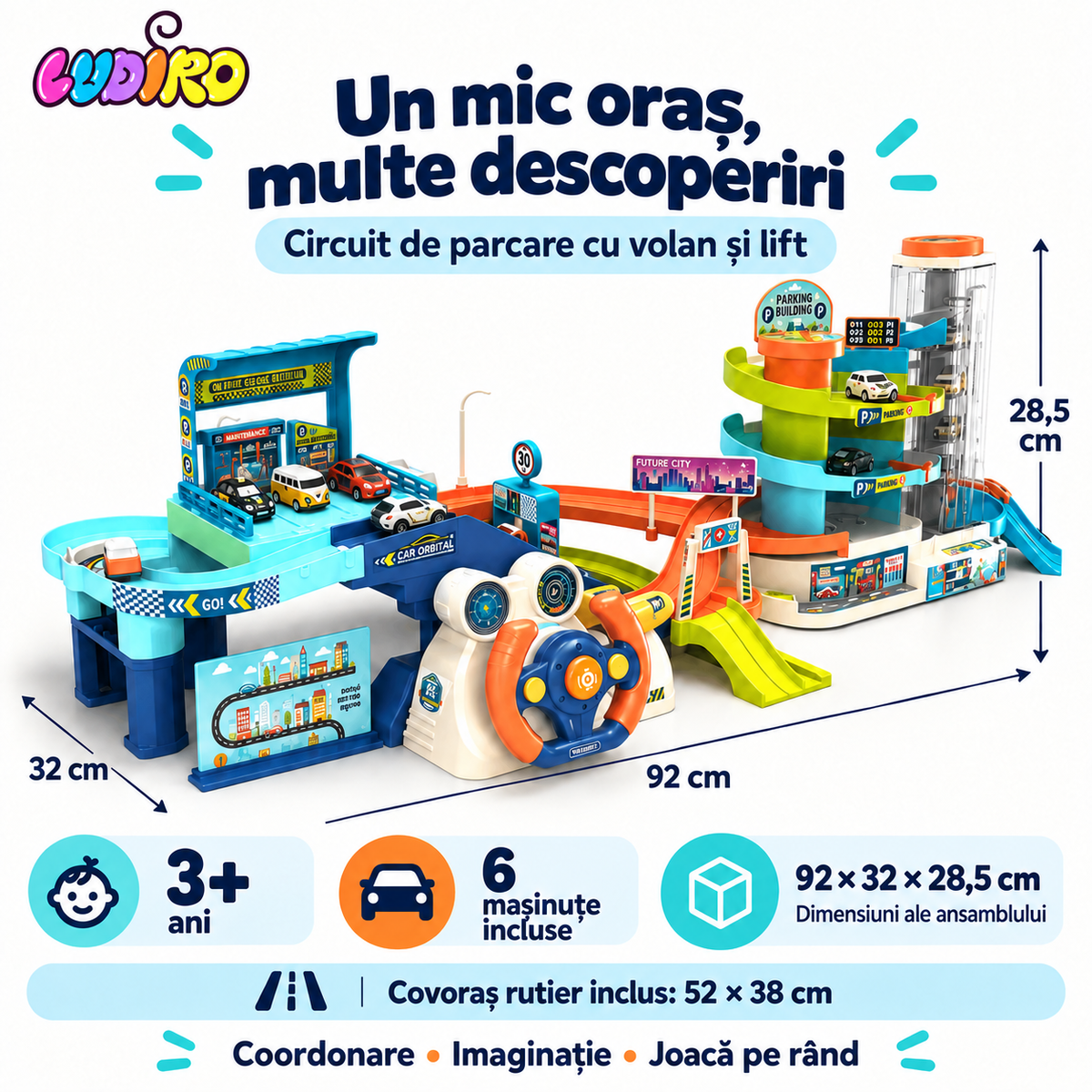 Caracteristicile circuitului de parcare: 6 mașinuțe, dimensiuni 92 × 32 × 28,5 cm și covoraș rutier inclus.