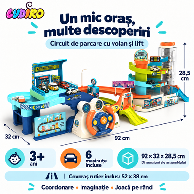 Caracteristicile circuitului de parcare: 6 mașinuțe, dimensiuni 92 × 32 × 28,5 cm și covoraș rutier inclus.