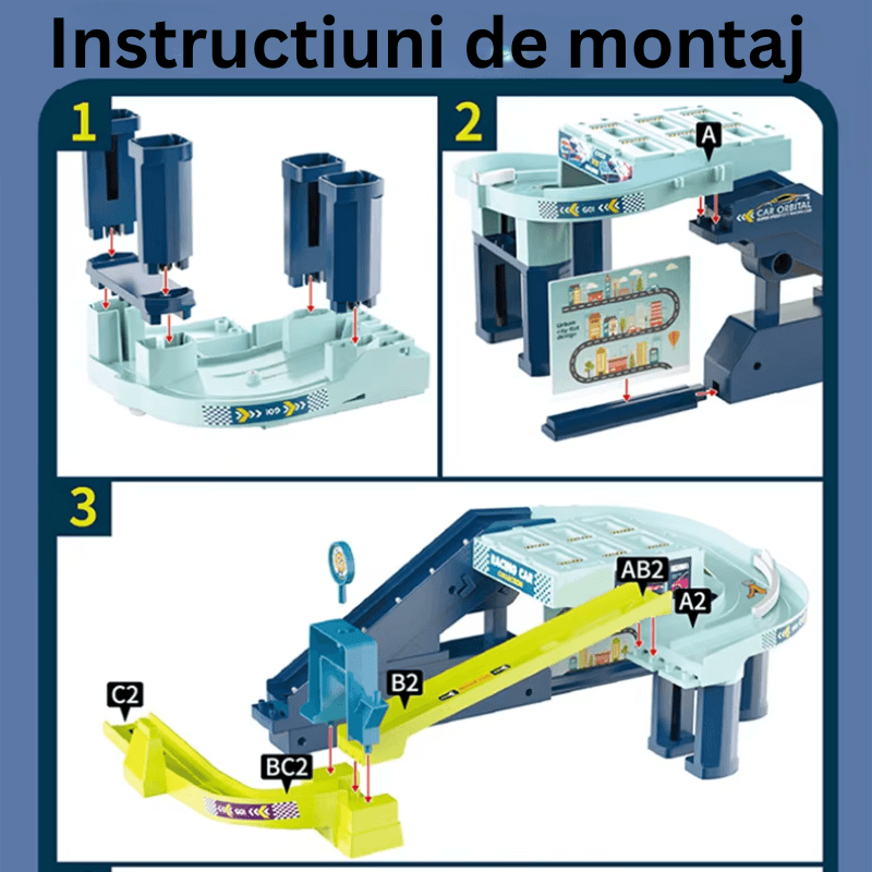 Etapele 1–3 de asamblare a circuitului de parcare și a componentelor sale.