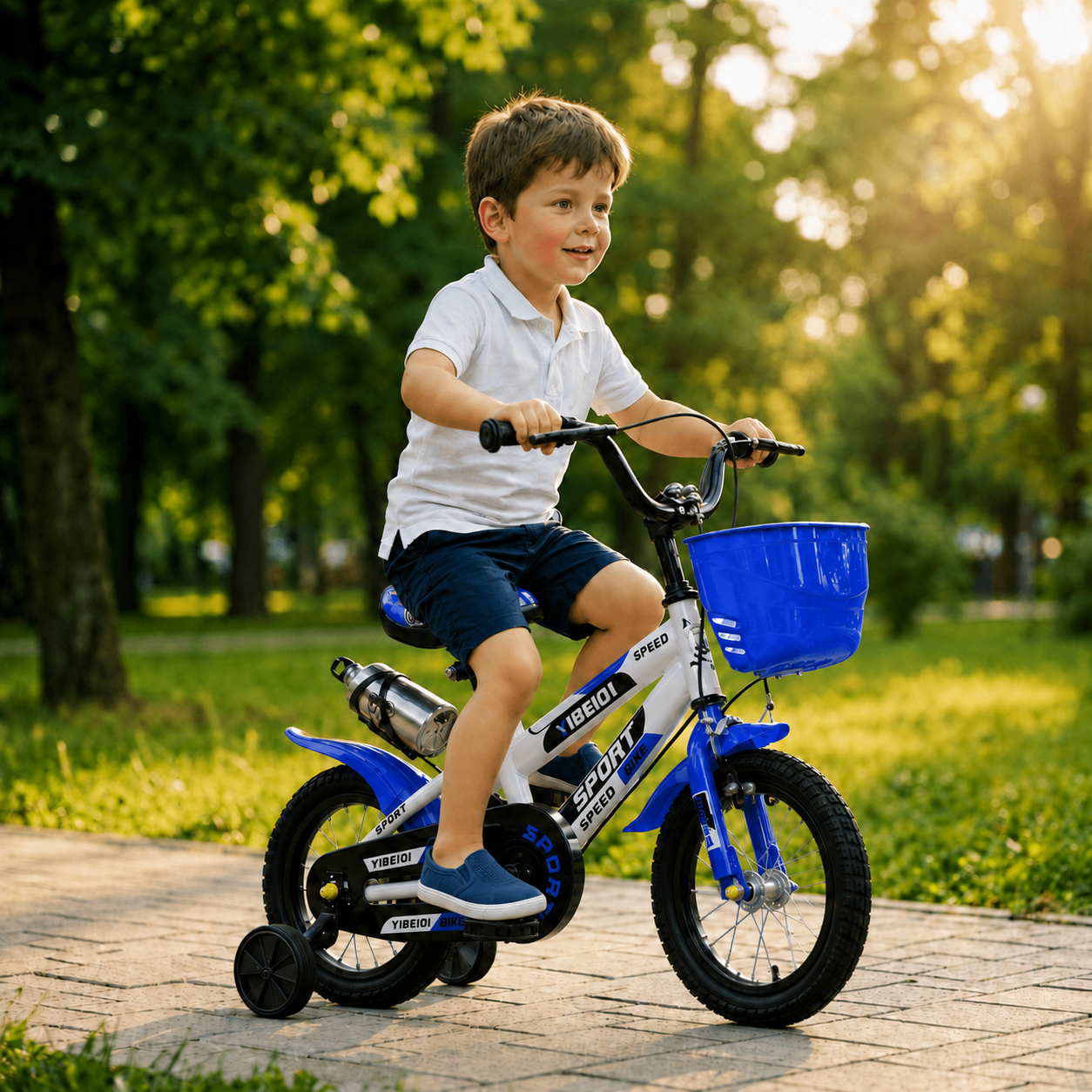 Copil mergând în parc pe bicicleta albastră LUDIRO de 12 inch, cu roți ajutătoare, coș frontal și apărători.
