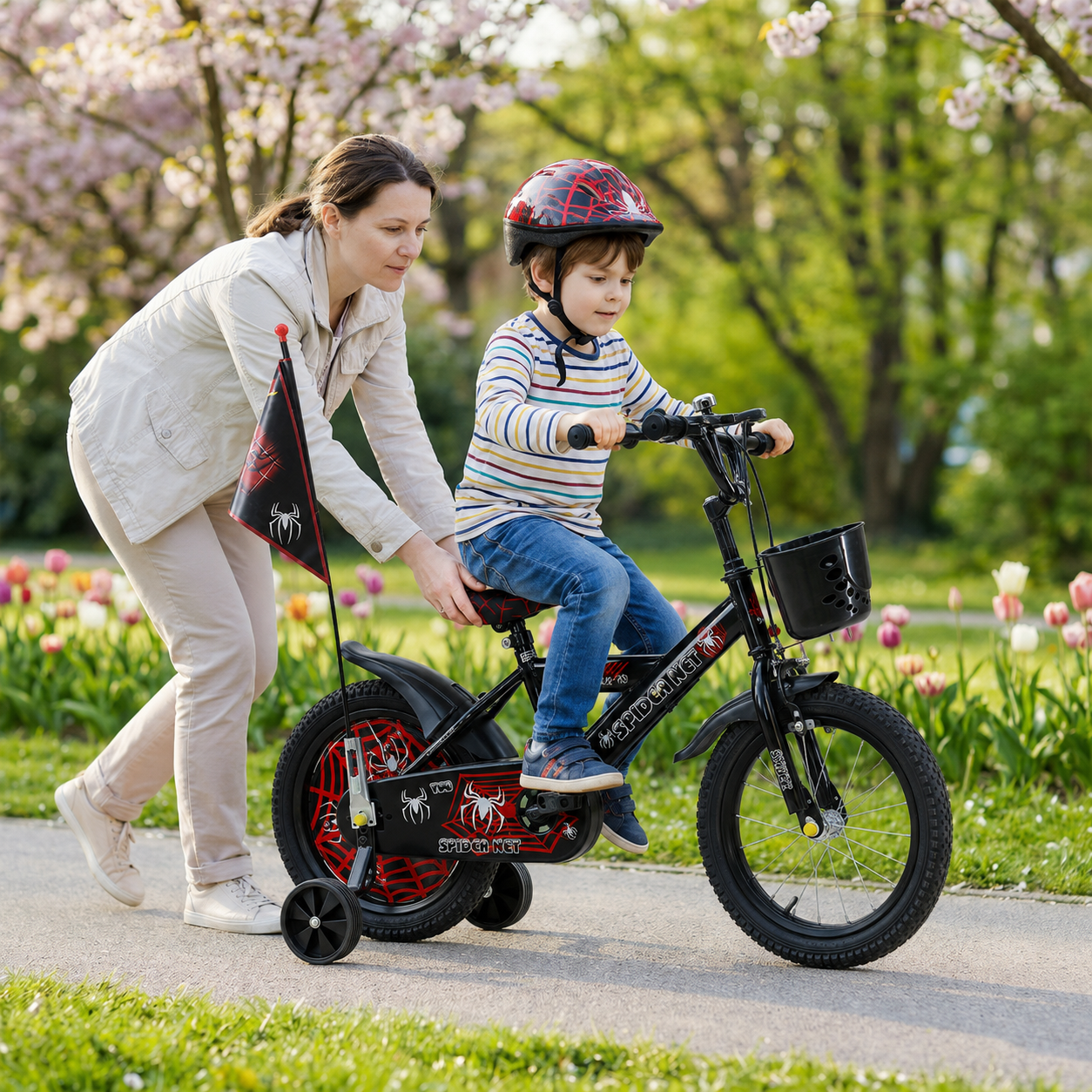 Bicicletă copii 14 inch LUDIRO Spider Net, negru-roșu, cu cască, steag, roți ajutătoare și coș frontal, 3-6 ani - LUDIRO
