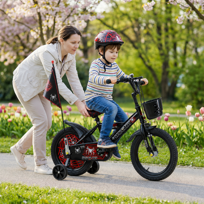 Bicicletă copii 14 inch LUDIRO Spider Net, negru-roșu, cu cască, steag, roți ajutătoare și coș frontal, 3-6 ani - LUDIRO