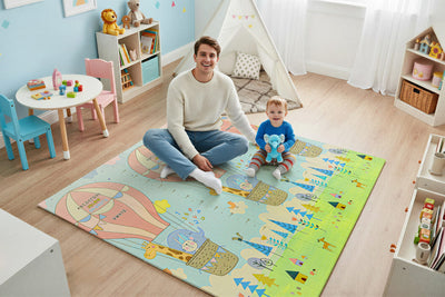 Covor educativ pliabil LUDIRO din spumă XPE, 200x180 cm, 2 fețe, Animale și Balon, 0 luni+ - LUDIRO