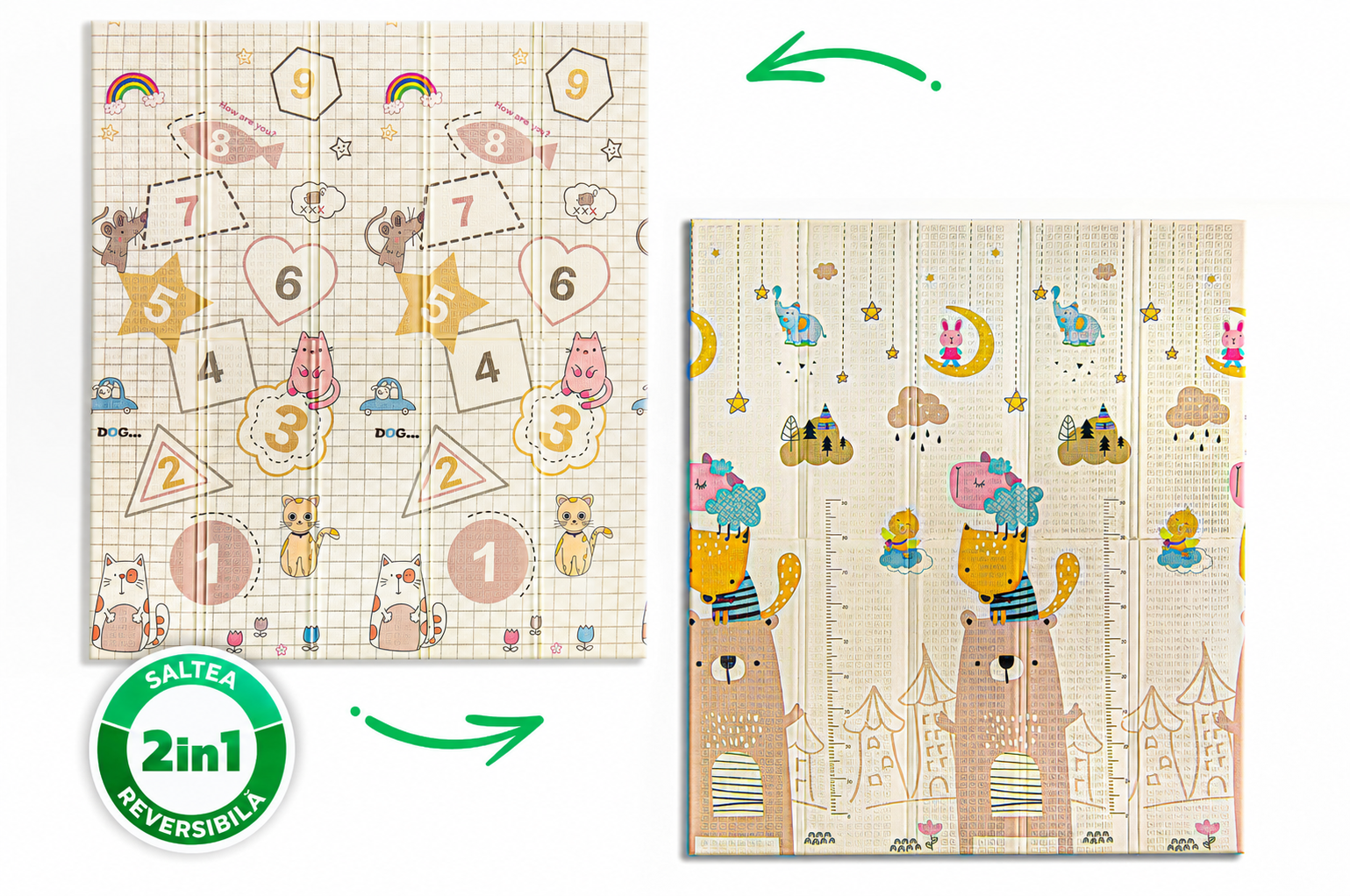 Covor educativ pliabil LUDIRO din spumă XPE, 200x180 cm, 2 fețe, Animale și Matematică, 0 luni+ - LUDIRO