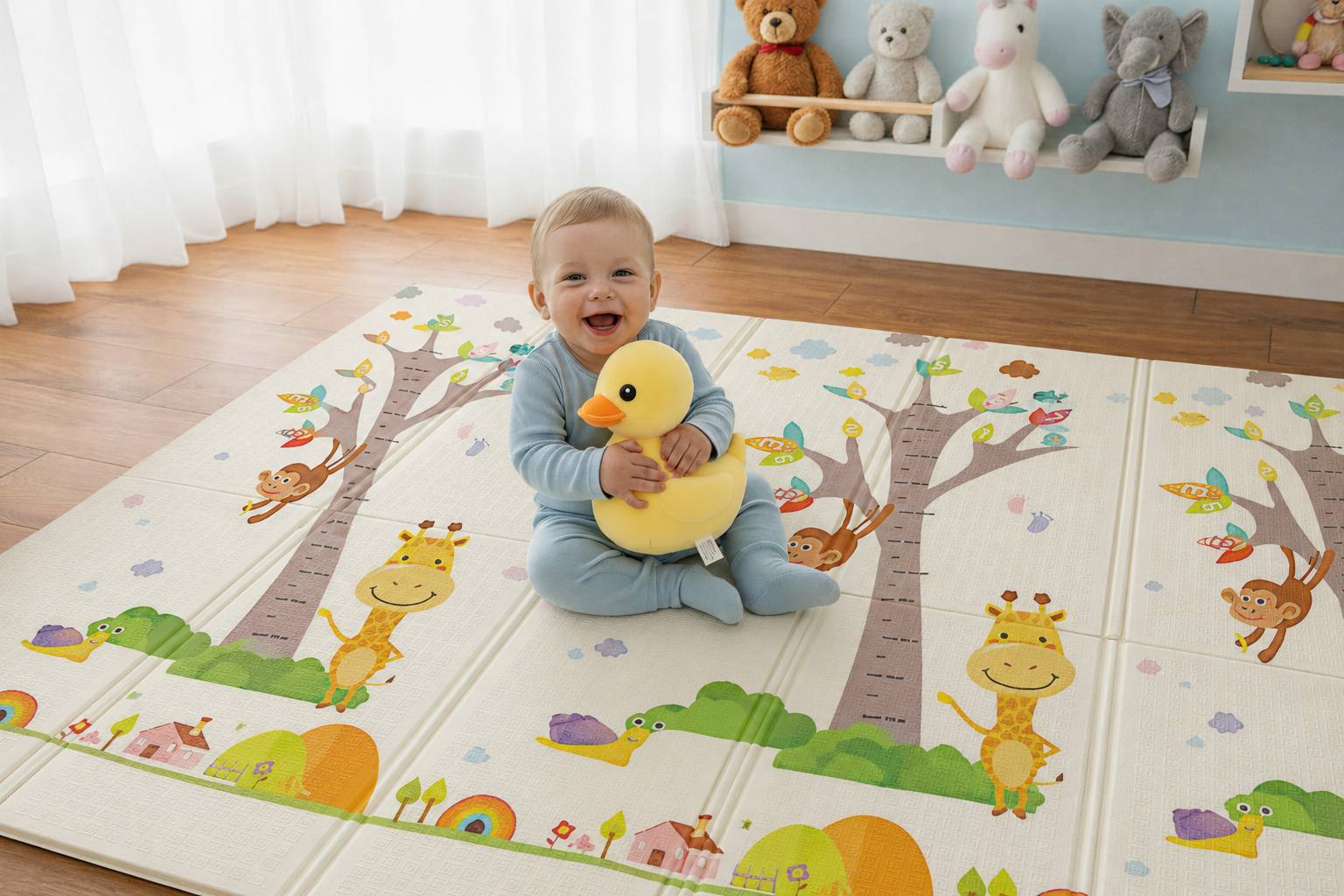 Covor educativ pliabil LUDIRO din spumă XPE, 200x180 cm, 2 fețe, Girafă și Circuit, 0 luni+ - LUDIRO