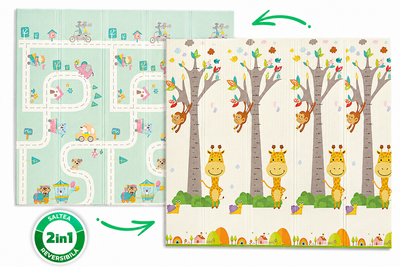 Covor educativ pliabil LUDIRO din spumă XPE, 200x180 cm, 2 fețe, Girafă și Circuit, 0 luni+ - LUDIRO