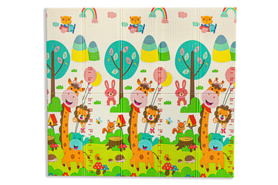 Covor educativ pliabil LUDIRO din spumă XPE, 200x180x1 cm, 2 fețe, termoizolant, Girafe și Oraș, 0 luni+ - LUDIRO