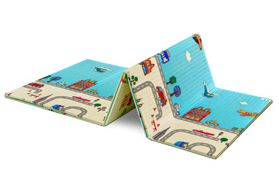 Covor educativ pliabil LUDIRO din spumă XPE, 200x180x1 cm, 2 fețe, termoizolant, Girafe și Oraș, 0 luni+ - LUDIRO