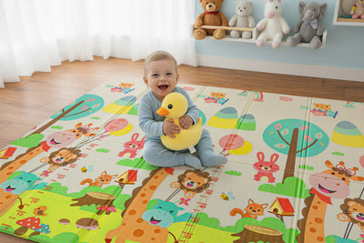 Covor educativ pliabil LUDIRO din spumă XPE, 200x180x1 cm, 2 fețe, termoizolant, Girafe și Oraș, 0 luni+ - LUDIRO