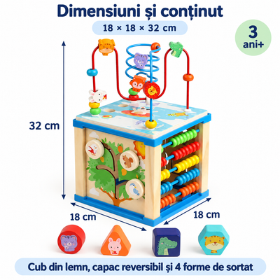 Dimensiunile cubului LUDIRO: 18 × 18 × 32 cm, cu capac reversibil și patru forme de sortat, recomandat de la 3 ani