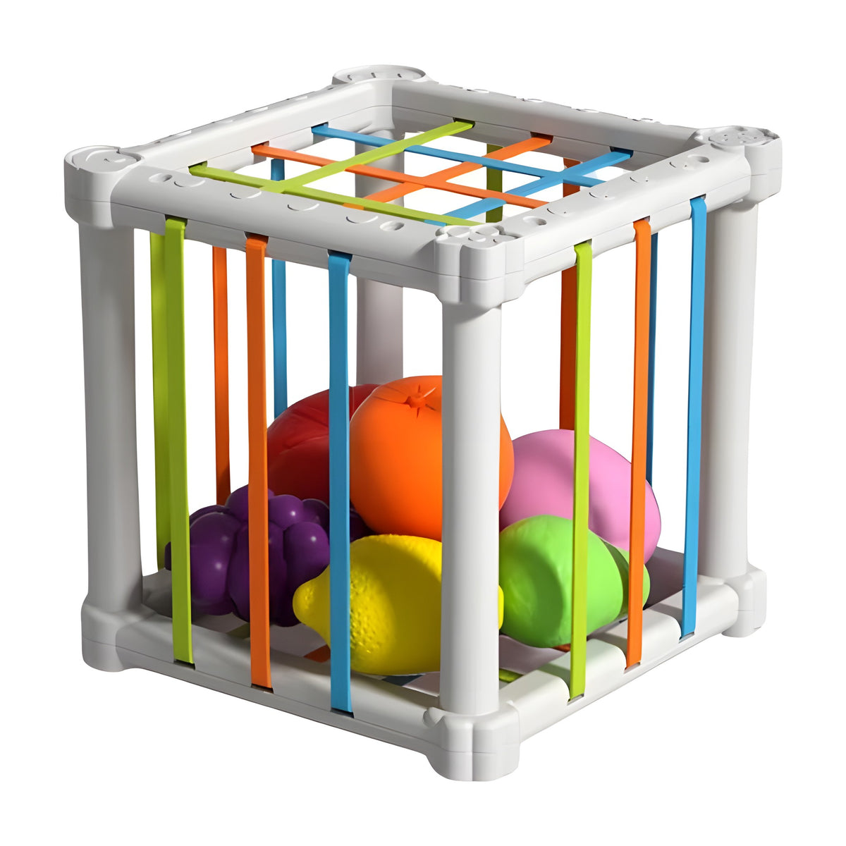 Cub senzorial LUDIRO cu benzi elastice colorate și 6 fructe din plastic, pe fundal alb