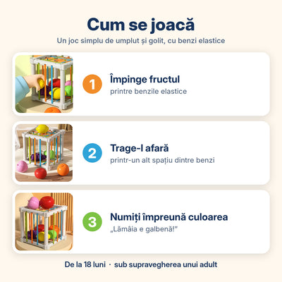 Cum se joacă: copilul împinge fructul printre benzi, îl trage afară și numește culoarea