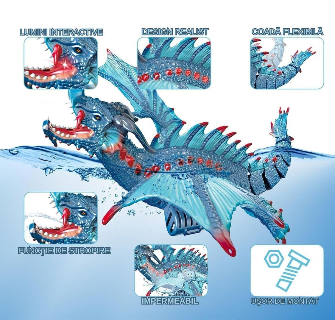 Dragon Interactiv de Apă cu Telecomandă, Funcție Stropire, Lumini, Acumulator Reîncărcabil, 43 cm, Jucărie Piscină, Albastru - LUDIRO