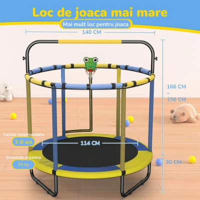 Trambulină pentru copii 8 în 1, Diametru 140 cm, cu plasă de siguranță, hamac, inele și coș de baschet, pentru interior și exterior, Certificare de Siguranta - LUDIRO