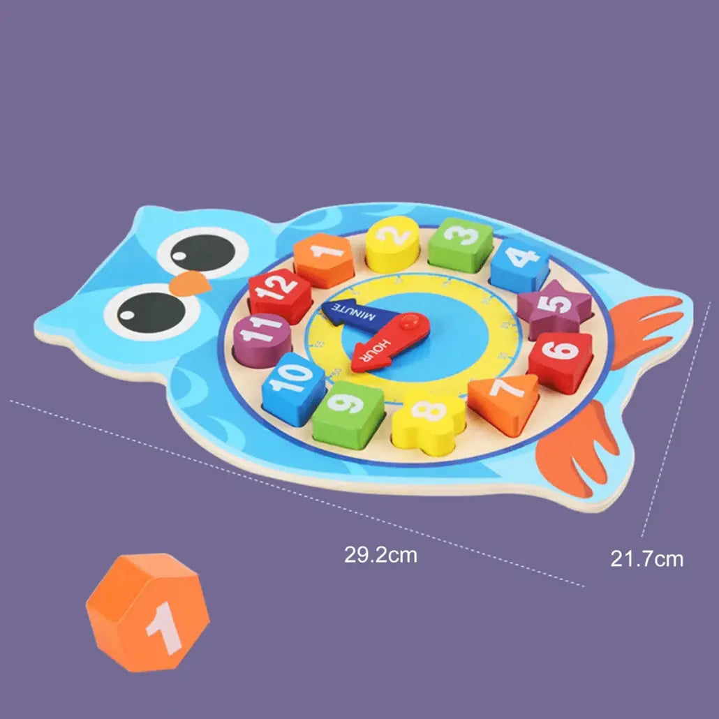Jucarie Montessori Ceas din Lemn cu Forme Geometrice si Numere, Bufnita Vesela, Albastru, 29.2x21.7 cm, + 3 Ani - LUDIRO