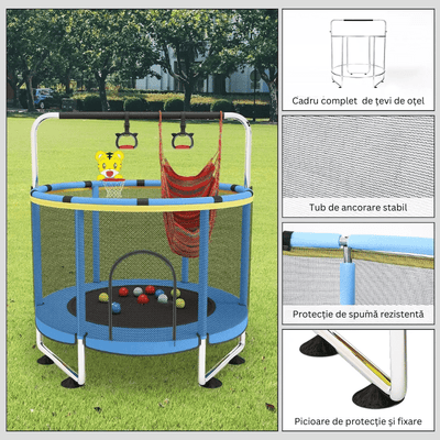 Resigilat - Trambulina pentru Copii LUDIRO, Diametru 140 Cm, Cu Plasa de Siguranta, Cos Baschet, Leagan Si Accesorii, Suporta 200 kg, Interior sau Exterior, Pentru Dezvoltarea Echilibrului, Albastra, + 3 Ani - LUDIRO