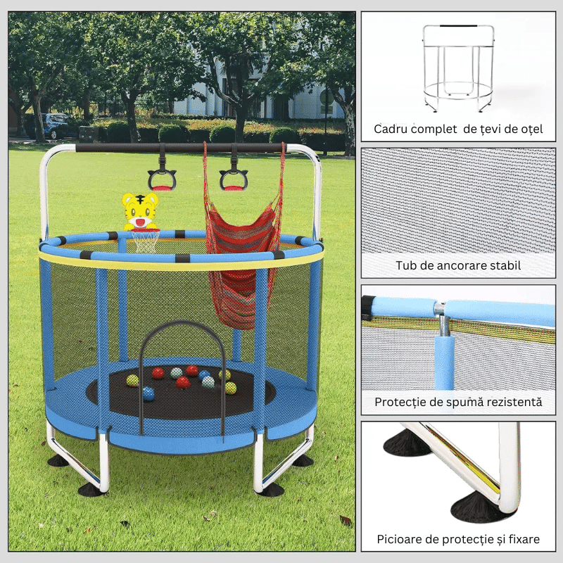 Resigilat - Trambulina pentru Copii LUDIRO, Diametru 140 Cm, Cu Plasa de Siguranta, Cos Baschet, Leagan Si Accesorii, Suporta 200 kg, Interior sau Exterior, Pentru Dezvoltarea Echilibrului, Albastra, + 3 Ani - LUDIRO