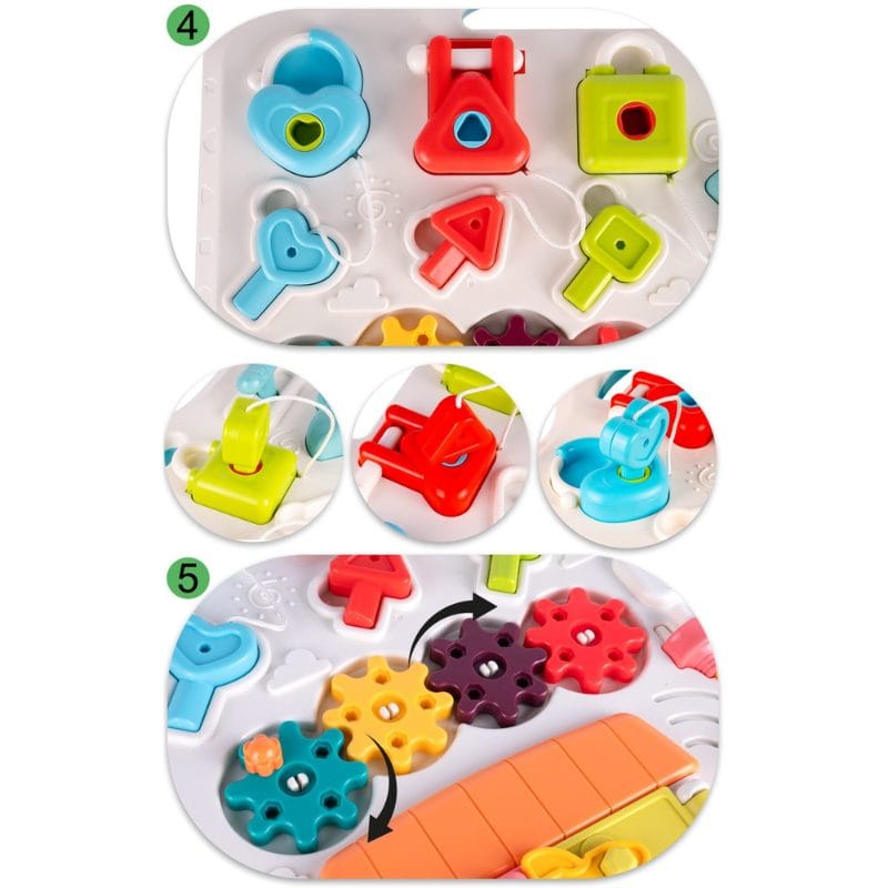 Masuta Educativa cu Activitati Montessori 2 in 1, Jucarie Muzicala, Lampa LED, Prajitor de Paine, Pian, Numere, Culori si Forme, Elemente Mobile, Volum Reglabil, + 1 An - LUDIRO