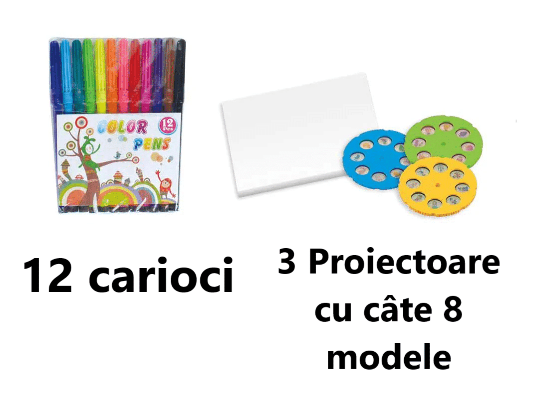 Set Masuta pentru Desen cu Proiector Holografic si Accesorii, 3 Discuri cu 24 Modele, Unicorn, 12 Carioci, Mov, 32x29.5x23 Cm, + 3 Ani - LUDIRO
