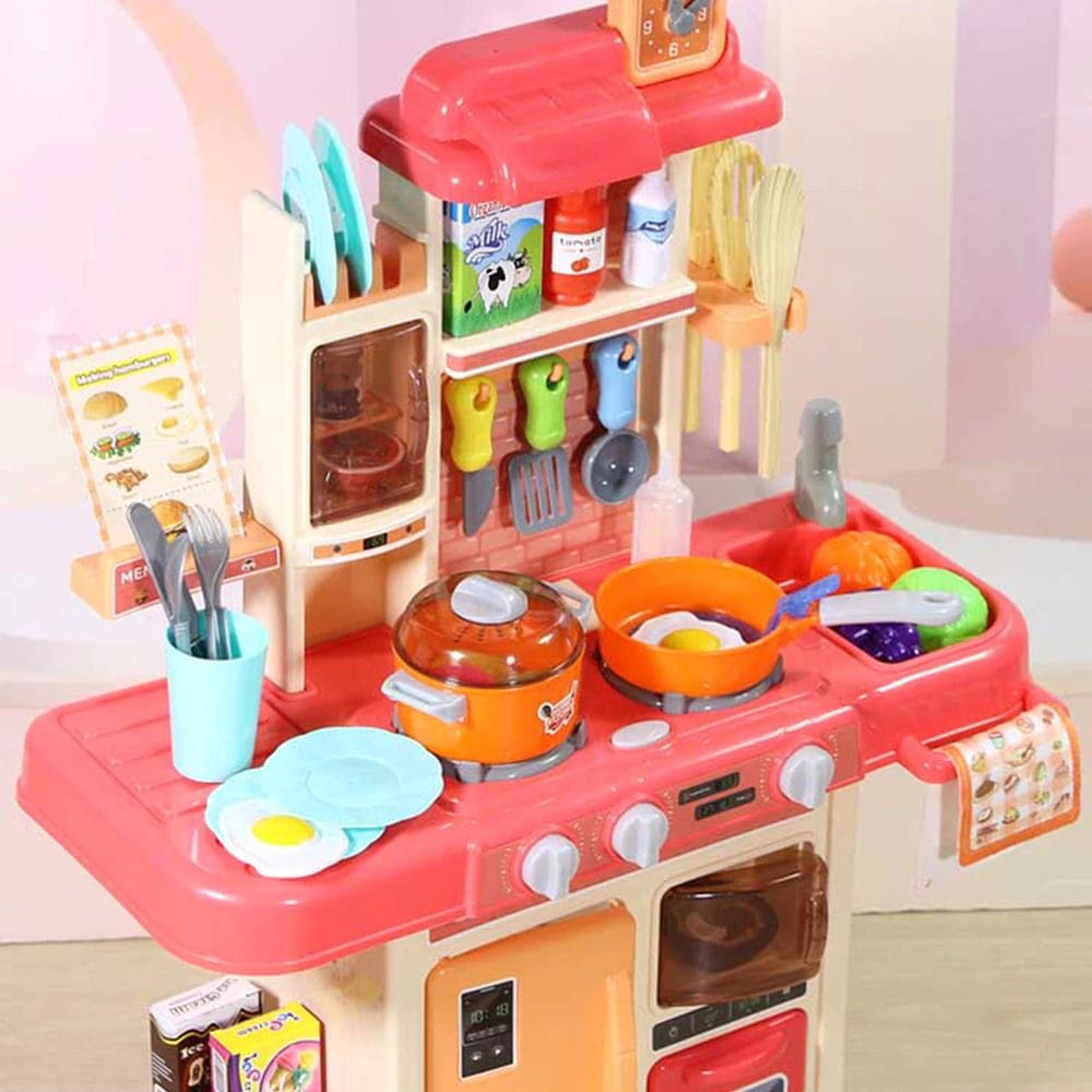 Resigilat - Set de Joaca Bucatarie Multifunctionala pentru Copii, 42 Piese, Lumini si Sunete Realiste, Aragaz, Cuptor, Chiuveta Functionala cu Apa, Bej Rose, 63x47x23 Cm - LUDIRO