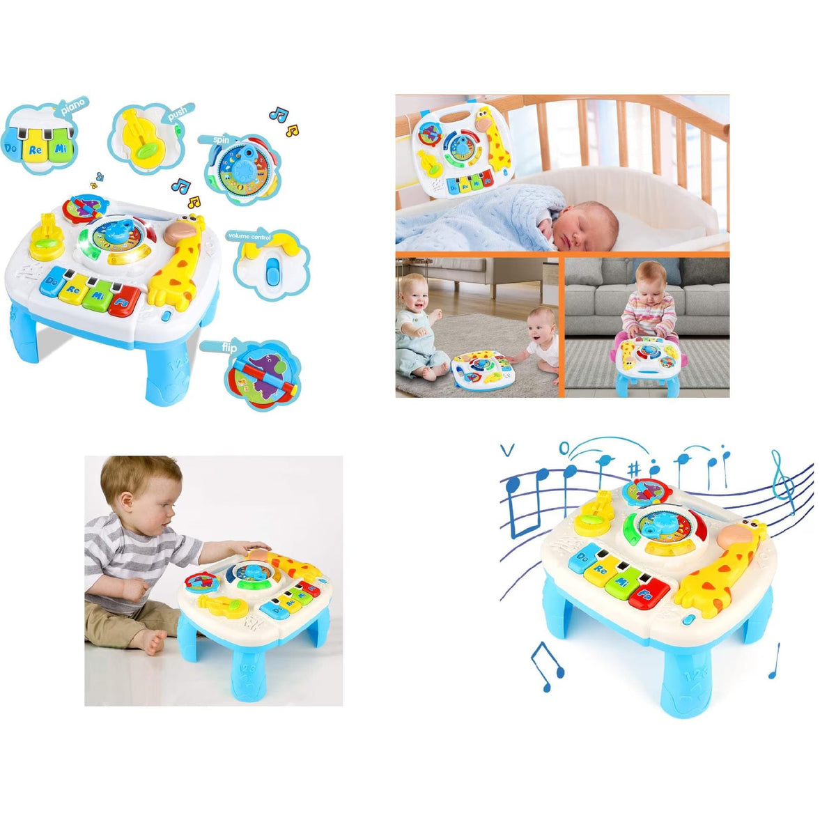 Masuta de Activitati pentru Bebelusi, Centru Multifunctional cu Pian, Lumini si Sunete, Girafa, Cadoul Ideal pentru Baieti si Fete, +1 An, Multicolor - LUDIRO