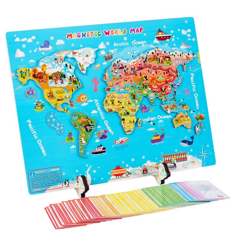 Puzzle Educativ Magnetic din Lemn, Harta Lumii, Invatare Interactiva pentru Copii peste 3 Ani, 143 Piese, 44.2x34.7 Cm - LUDIRO