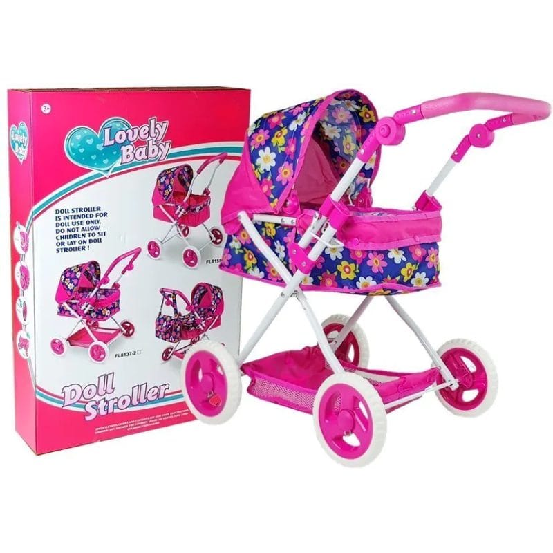 Carucior Landou pentru Papusi, Pliabil, Cu Maner Reglabil, Model Floral, Inaltime 65 Cm, Multicolor, + 3 Ani - LUDIRO