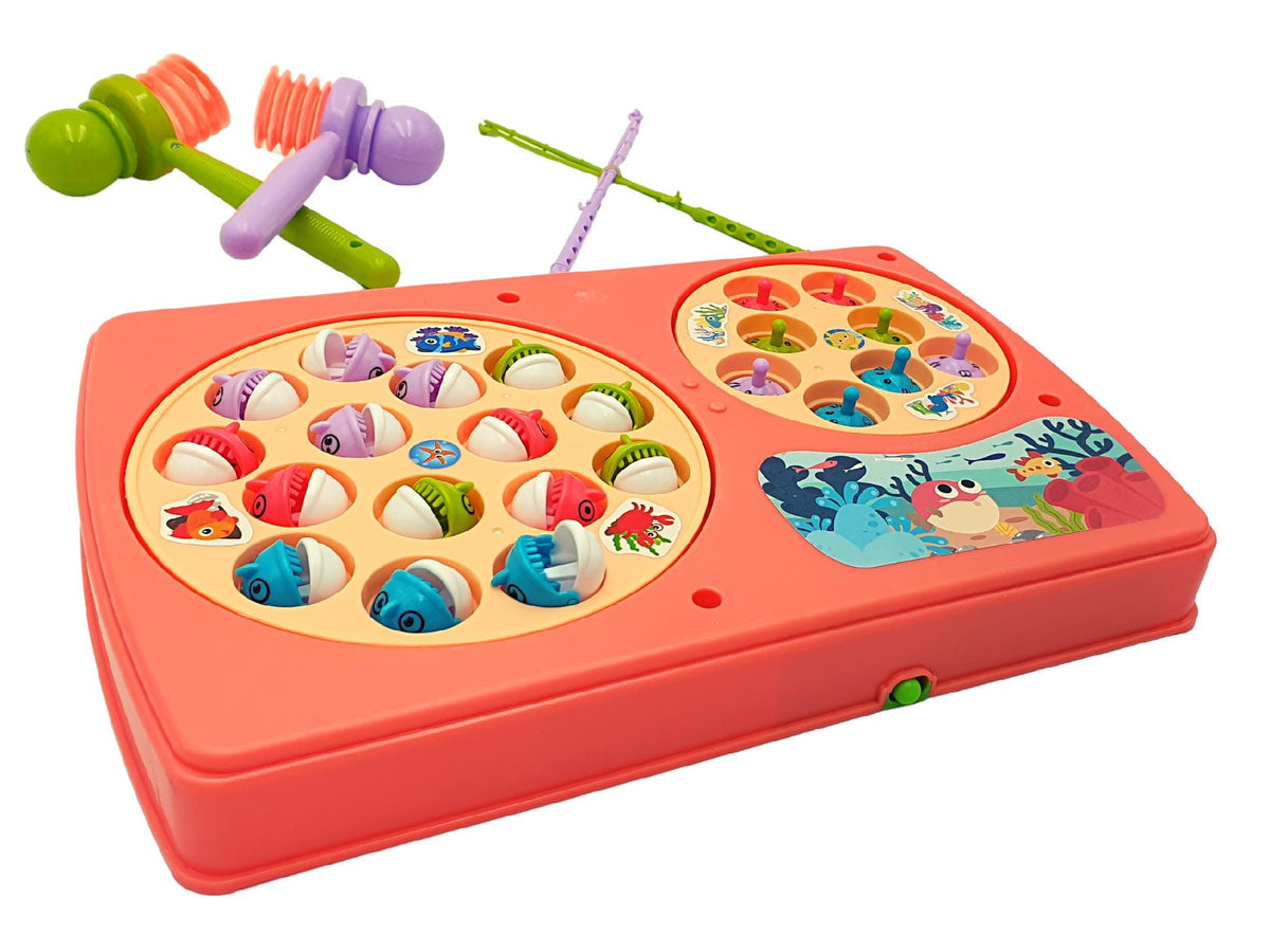 Resigilat - Set Interactiv 2 in 1, Joc Pescuit cu 15 Pestisori si 2 Undite, Joc Whack A Mole cu 8 Cartite si 2 Ciocanele, Cadru Rotativ, Sunete, 28x18x4 Cm, Roz, + 3 Ani - LUDIRO
