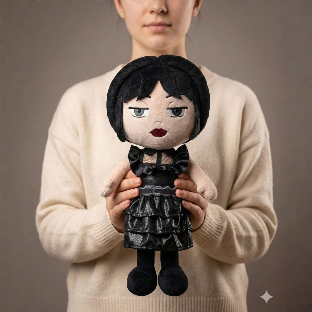 Jucărie de Pluș Wednesday Addams, Rochia Neagră de Bal (27 cm), Păpușă de Colecție Premium cu Detalii Realiste, în Cutie Formă de Sicriu - LUDIRO