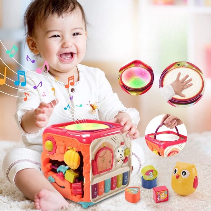 Resigilat - Jucarie Interactiva pentru Bebelusi, Cub Activitati 6 in 1, Muzica si Lumini, Multifunctional, 20x20x20 cm, + 3 Luni - LUDIRO
