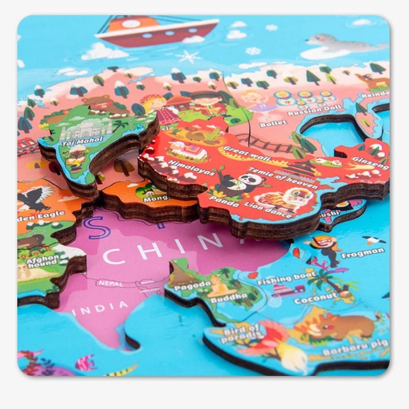 Puzzle Educativ Magnetic din Lemn, Harta Lumii, Invatare Interactiva pentru Copii peste 3 Ani, 143 Piese, 44.2x34.7 Cm - LUDIRO