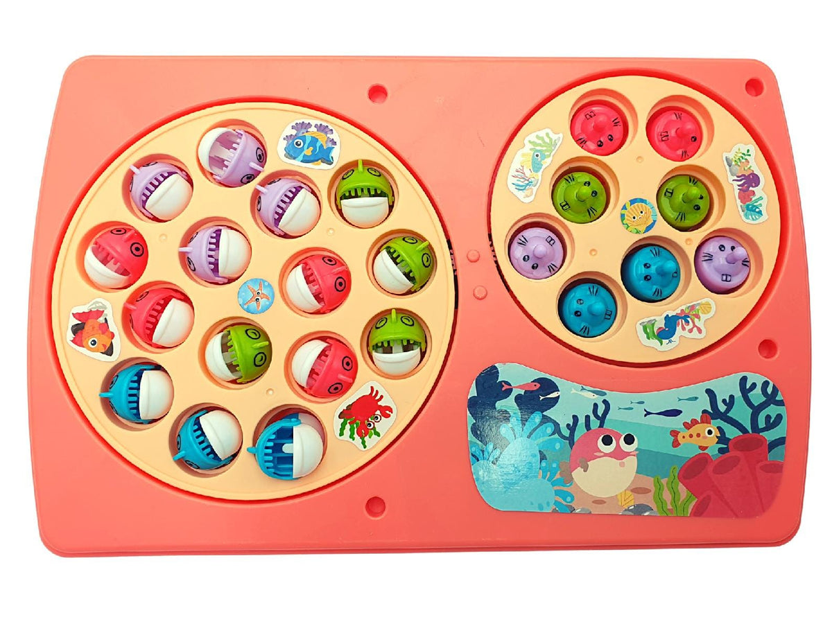 Resigilat - Set Interactiv 2 in 1, Joc Pescuit cu 15 Pestisori si 2 Undite, Joc Whack A Mole cu 8 Cartite si 2 Ciocanele, Cadru Rotativ, Sunete, 28x18x4 Cm, Roz, + 3 Ani - LUDIRO